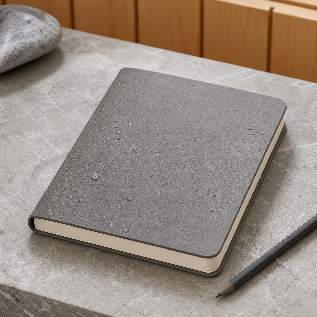 Close product view of a grey water-resistant stone notebook with droplets on the cover.