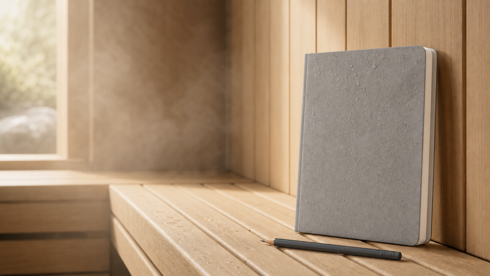 Grey stone-paper notebook with water droplets resting inside a warm sauna.